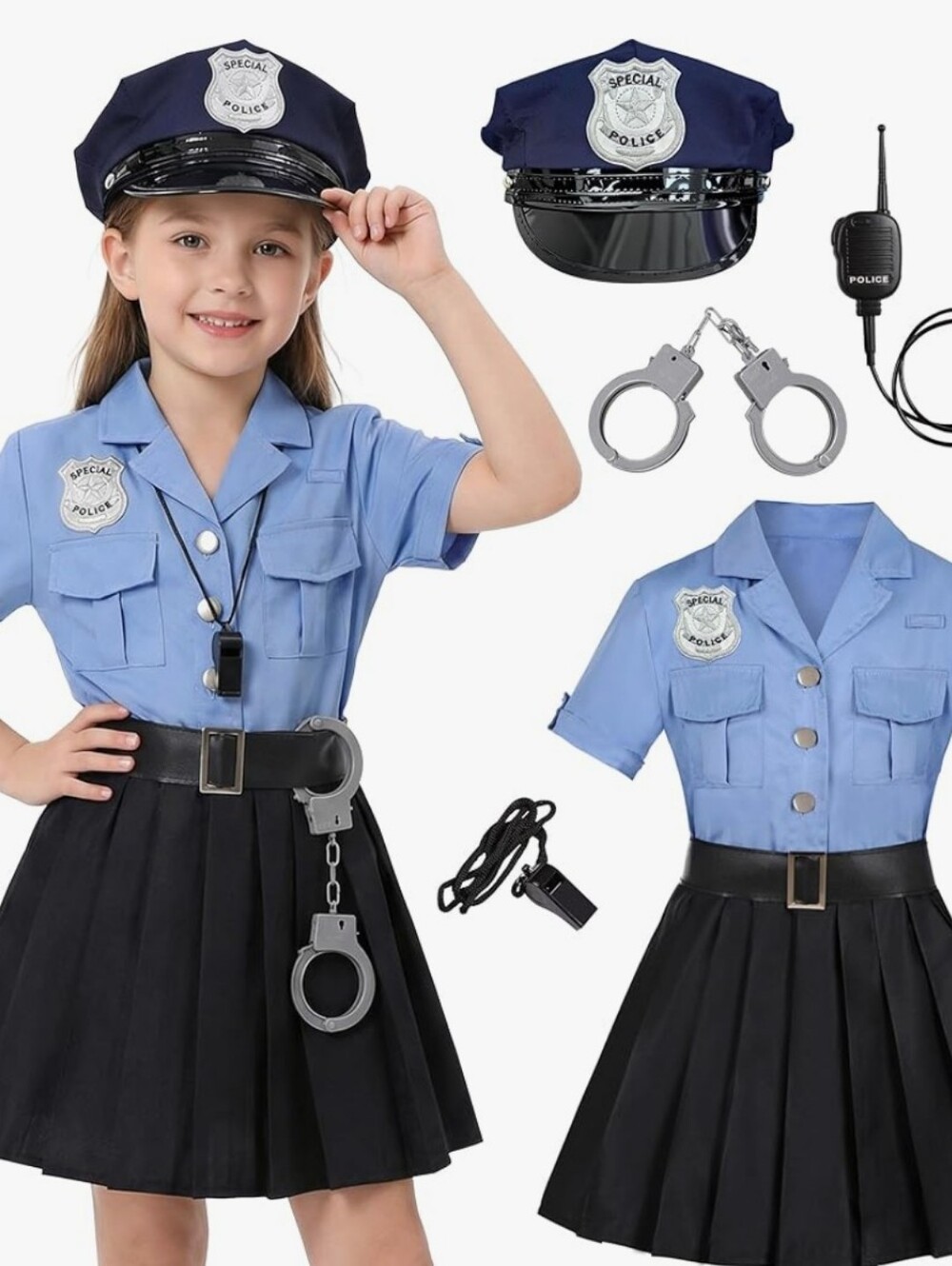 Girls Police Officer Costume Set - Light Blue and Black Fits 5-6 Year Olds
